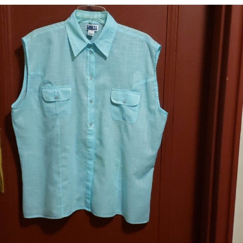 Unity Stretch Women's Sea GLASS Blue Button Down Sleeveless Shirt Size 3X